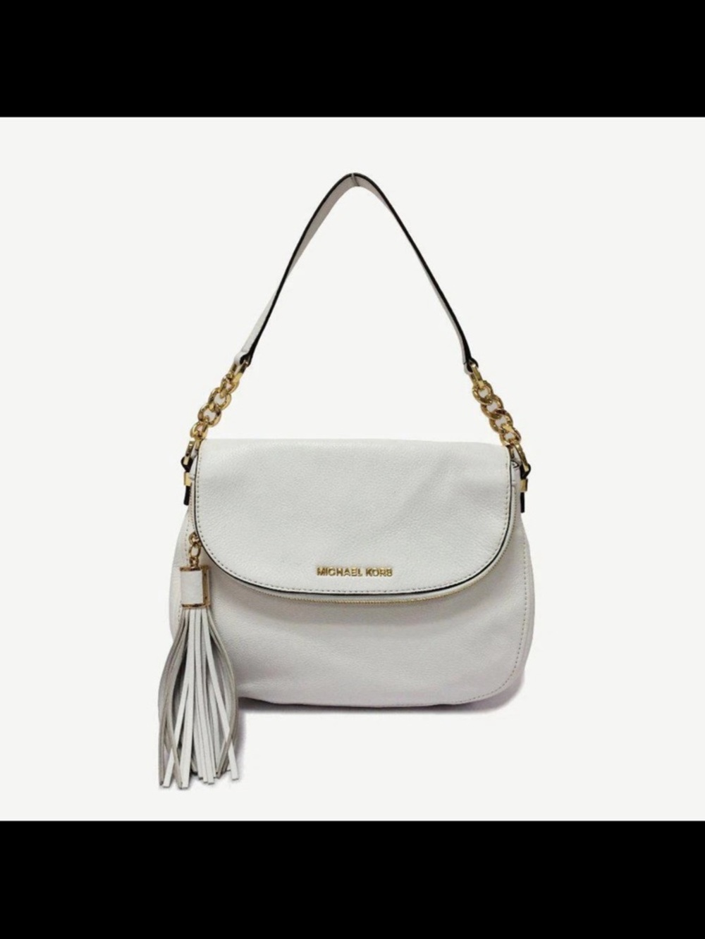 Michael Kors Weston Ivory Leather Zipper Flap Closure Shoulder Bag with Tassel